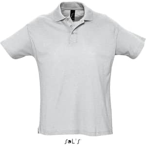 A light grey men's polo shirt made of 100% combed ring spun cotton, featuring a logo on the collar.