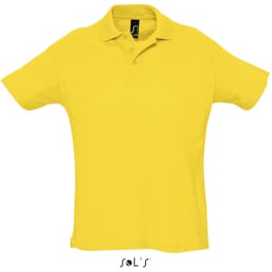 A yellow polo shirt made from 100% combed ring spun cotton, featuring a collar and a logo.