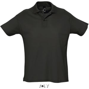 A black men's polo shirt made of 100% combed ring-spun cotton, featuring a collar and a logo.