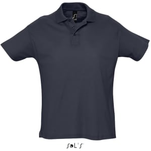 A navy blue polo shirt made from 100% combed ring spun cotton, featuring a collar and short sleeves.