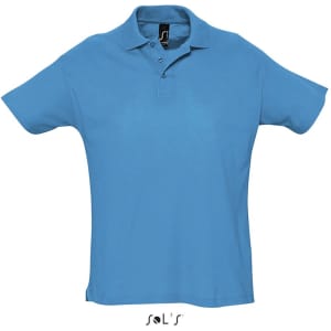 A light blue men's polo shirt made from 100% combed ring spun cotton, featuring a collar and a logo.