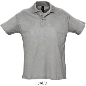 A grey men's polo shirt made of 100% combed ring spun cotton, featuring a collar and short sleeves.