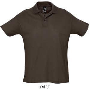 A brown men's polo shirt made from 100% combed ring spun cotton, featuring a collar and short sleeves.