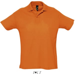 An orange men's polo shirt made from 100% combed ring spun cotton, featuring a collar and buttons.