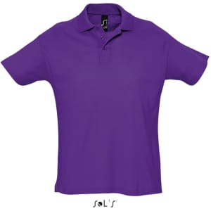 A purple polo shirt made from 100% combed ring spun cotton, featuring a collar and short sleeves.