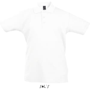 A short-sleeved white polo shirt made from 100% combed ring spun cotton, featuring a logo.