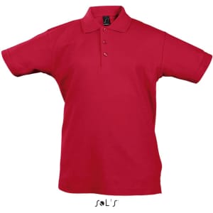 A red polo shirt for kids made from 100% combed ring spun cotton, featuring a collar and three buttons.