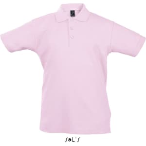 A pink polo shirt for kids made from 100% combed ring spun cotton, featuring a brand logo.