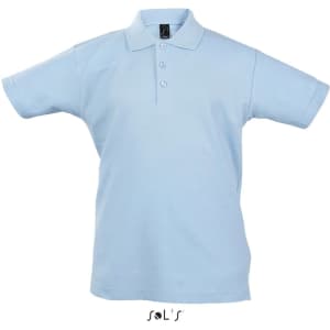 A light blue polo shirt for kids made from 100% combed ring spun cotton, featuring a small logo.