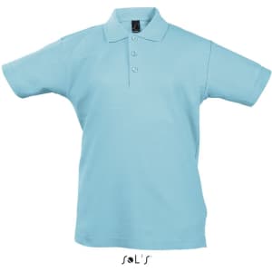 A light blue polo shirt made from 100% combed ring spun cotton, featuring a collar and three buttons.