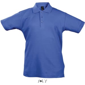 A blue polo shirt for kids made from 100% combed ring spun cotton, featuring short sleeves and a collar.