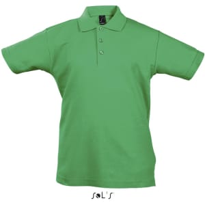A green polo shirt made of 100% combed ring spun cotton, featuring a collar and button placket, with a logo.