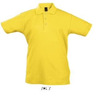 A yellow polo shirt for kids made from 100% combed ring spun cotton with a collar and three-button placket.