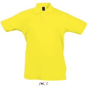 A yellow polo shirt for kids made from 100% combed ring spun cotton, featuring a logo on the collar.