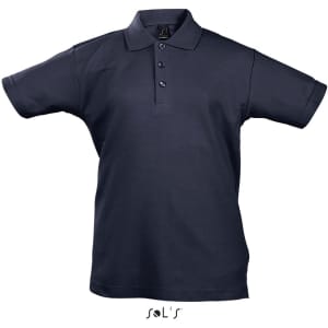 A navy blue polo shirt for kids, made of 100% combed ring spun cotton, with a logo on the collar.