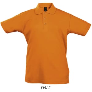 An orange polo shirt for kids made from 100% combed ring spun cotton, featuring a collar and three buttons.
