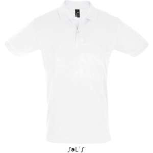 A white short-sleeve men's polo shirt made of 100% cotton pique, featuring a logo at the collar.