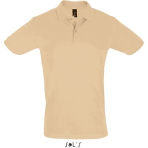 A beige men's short sleeve polo shirt made from 100% cotton pique fabric, featuring a logo.