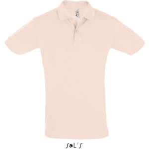 A men's short sleeve polo shirt in a light beige colour, made from 100% cotton pique, featuring a logo.