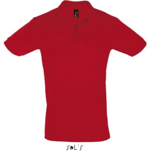 A red short-sleeve polo shirt made from 100% cotton pique, featuring a collar and a branding label.