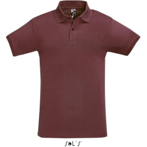 A maroon short-sleeve polo shirt made of 100% cotton pique, featuring a collar and a logo.