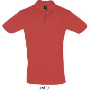 A red men's short sleeve polo shirt made of 100% cotton pique, featuring a logo.