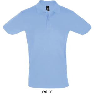 A light blue men's short sleeve polo shirt made of 100% cotton pique, featuring a brand logo.