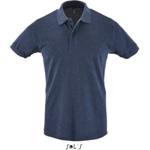 A short-sleeve polo shirt in navy blue, made from 100% cotton pique, featuring a collar and a logo.