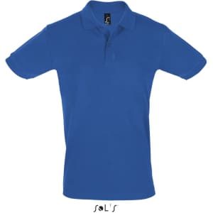 A blue men's short sleeve polo shirt made of 100% cotton pique, featuring a logo on the collar.