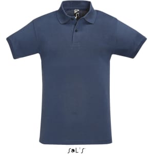 A navy blue men's short sleeve polo shirt made from 100% cotton pique, featuring a collar and branding label.