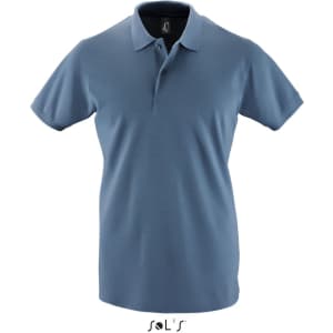 A short sleeve men's polo shirt in a light blue colour, made of 100% cotton pique, featuring a logo.