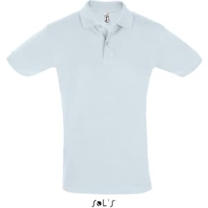A light blue short sleeve polo shirt made from 100% cotton pique with a logo.