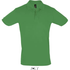A green short sleeve polo shirt made of 100% cotton pique, featuring a logo on the collar.