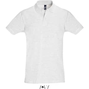 A white short sleeve polo shirt made from 100% cotton pique, featuring a branding logo on the collar.