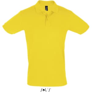 A yellow short-sleeve polo shirt made of 100% cotton pique, featuring a branding logo.