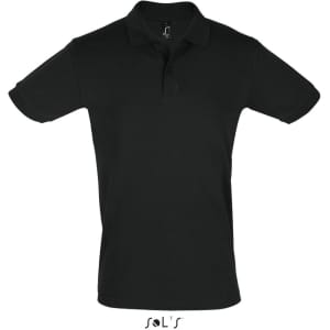 A black short sleeve men's polo shirt made of 100% cotton pique, featuring a logo on the chest.