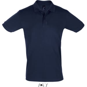 A navy blue men's short sleeve polo shirt made of 100% cotton pique, featuring a logo.
