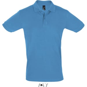 A blue men's short sleeve polo shirt made from 100% cotton pique, featuring a logo.