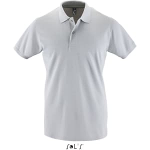A grey short sleeve men's polo shirt made from 100% cotton pique, featuring a collar and a logo.