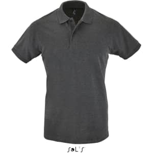 A men's short sleeve polo shirt in charcoal grey, made from 100% cotton pique, featuring a logo.
