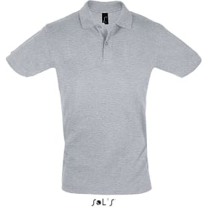 A grey short sleeve men's polo shirt made from 100% cotton pique, featuring a collar and a logo.
