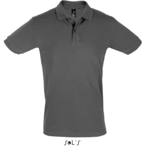 A grey short-sleeve polo shirt made of 100% cotton pique, featuring a brand logo on the collar.