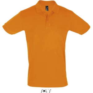 An orange short sleeve polo shirt made of 100% cotton pique, featuring a logo.