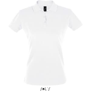 A white women's polo shirt made of 100% cotton pique, featuring a collar and button placket, with a logo present.