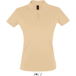 A women's polo shirt in a beige colour, made from 100% cotton pique, featuring a logo on the collar.