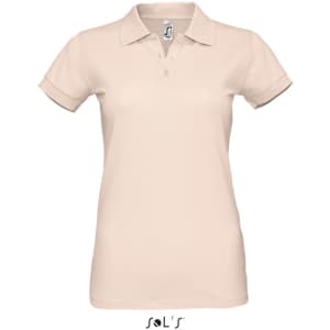 A women's 100% cotton pique polo shirt in a light beige colour, featuring a collar and short sleeves.