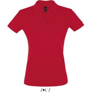 A red women's polo shirt made from 100% cotton pique with a collar and three buttons. It has a logo at the neck.