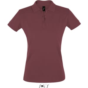 A maroon women's polo shirt made of 100% cotton pique with a brand logo on the label.