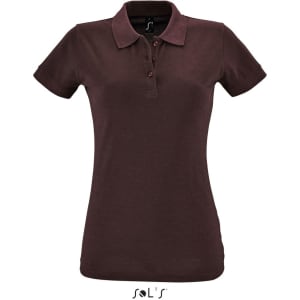 A women's polo shirt in dark maroon, made from 100% cotton pique, featuring a logo on the collar.