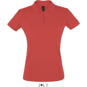 A red women's polo shirt made of 100% cotton pique, featuring a three-button placket and a branded label.